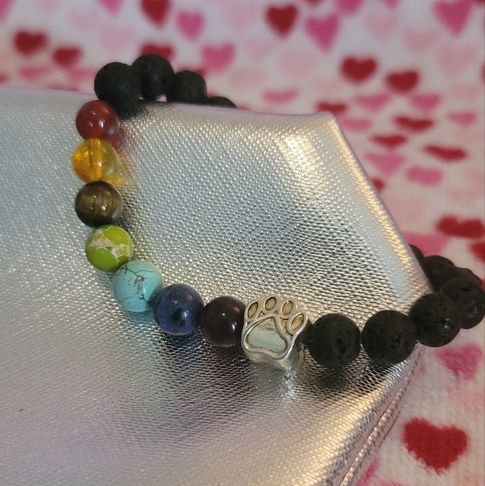 Paw print Chakra style Bracelet dog animal lava Beads